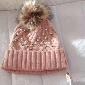 Mauve Knit Beanie with Faux Fur Pom Pom With Embellishments